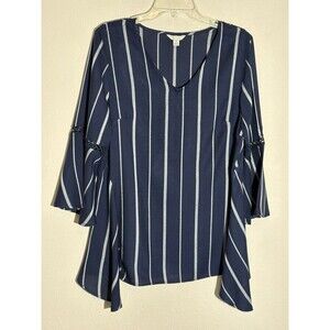 Womens Tunic M Black Gray Stripe‎ 3/4 Bell Sleeves Lace insert V-neck C Est 1946